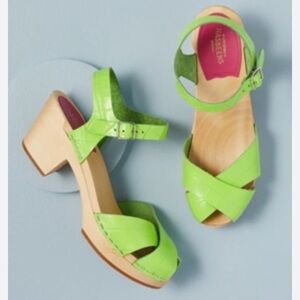 Anthropologie | Swedish Hasbeens Mirja Heeled Clog Sandal in Neon Green 39